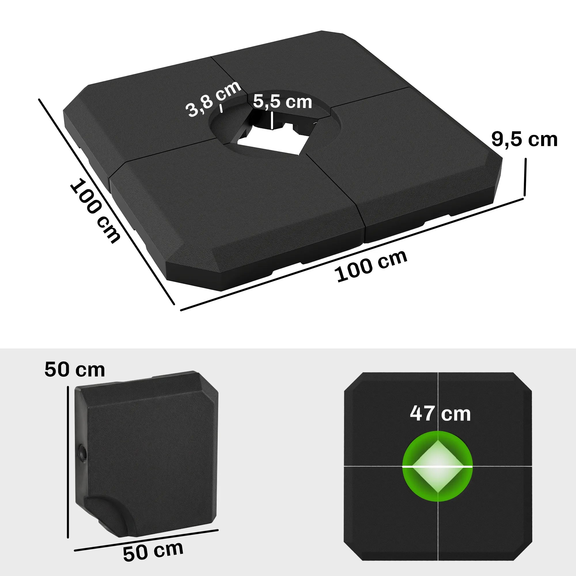 Skėčio pagrindas HDPE 100x100x9,5 cm 4 dalių juodas