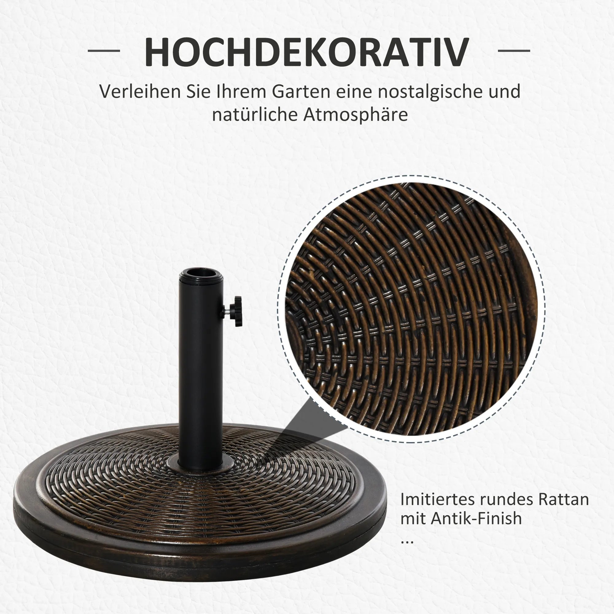 Skėčio stovas 14 kg, apvalus, su rotango raštu, 35 mm/38 mm/48 mm skersmeniui, bronzos spalvos
