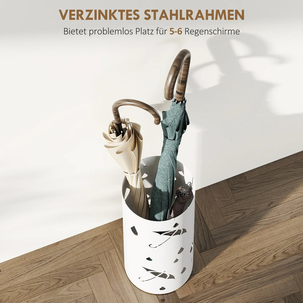 Skėčių stovas, metalinis, cilindrinis, su nuleidžiamu padėklu, Ø17 x 41 cm, baltas
