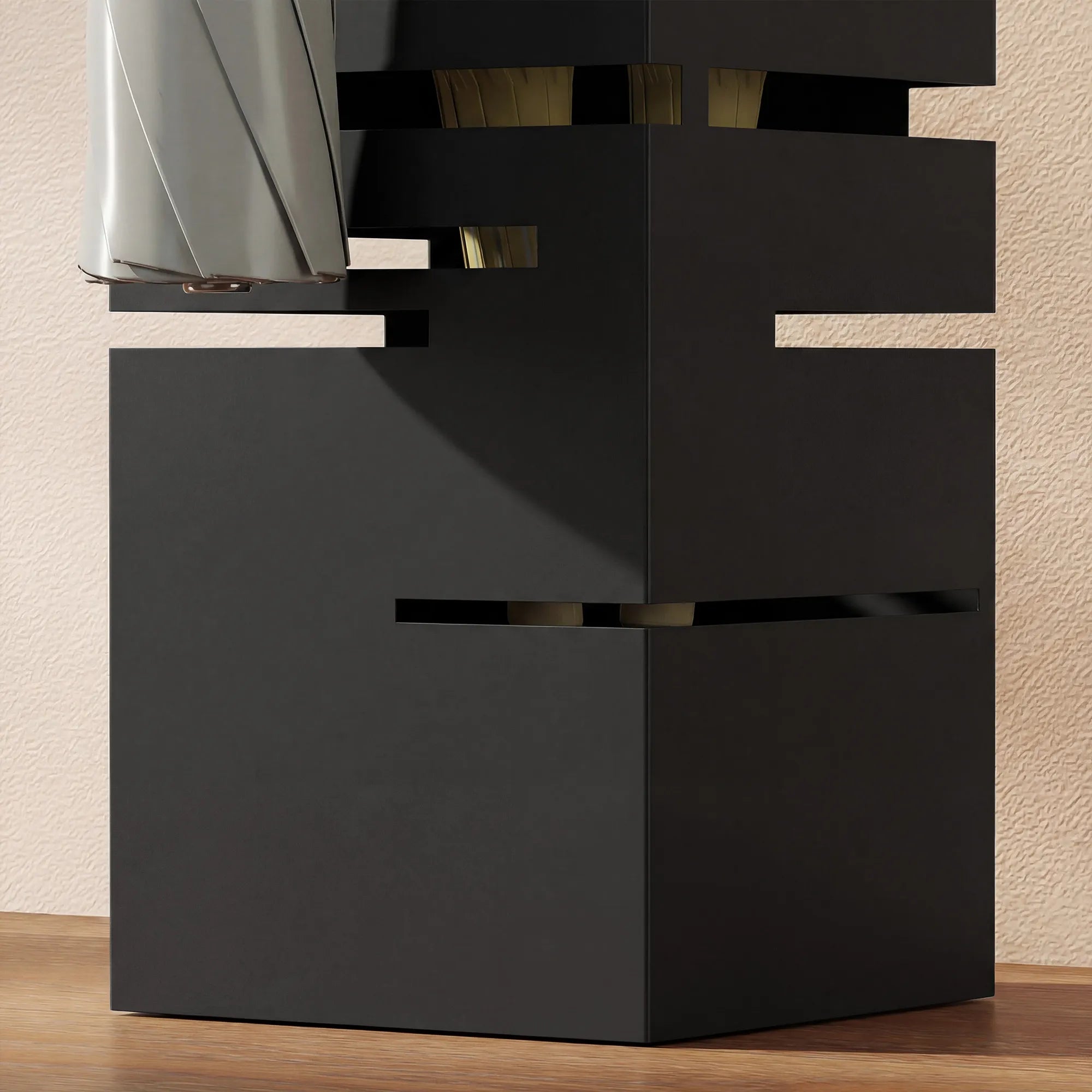 Skėčių stovas su padėklu vandeniui ir 4 kabliukais, 15,5 x 15,5 x 49 cm, juodas