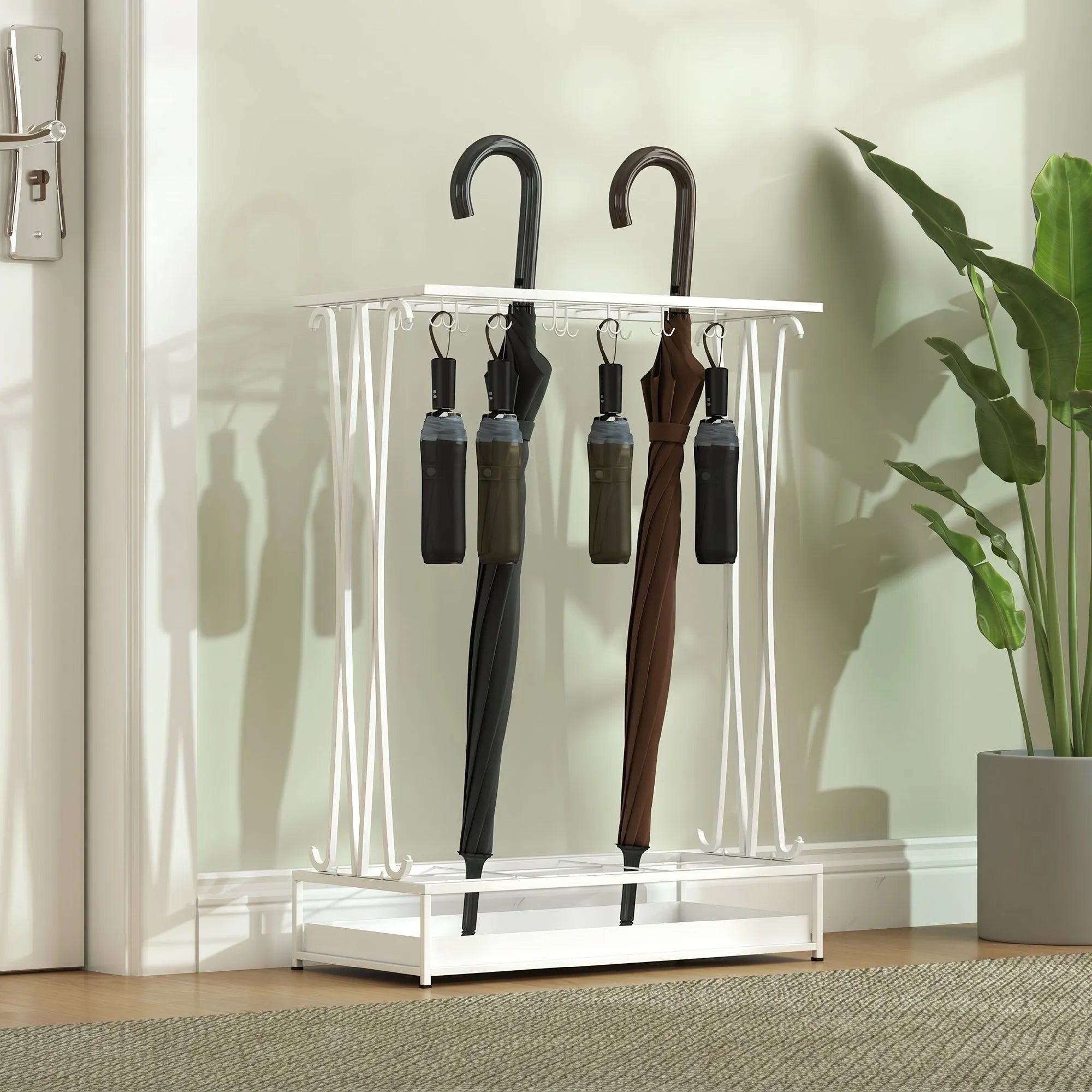 Skėčių stovas su vandens padėklu, 21 angos, 24 kabliukai, baltas