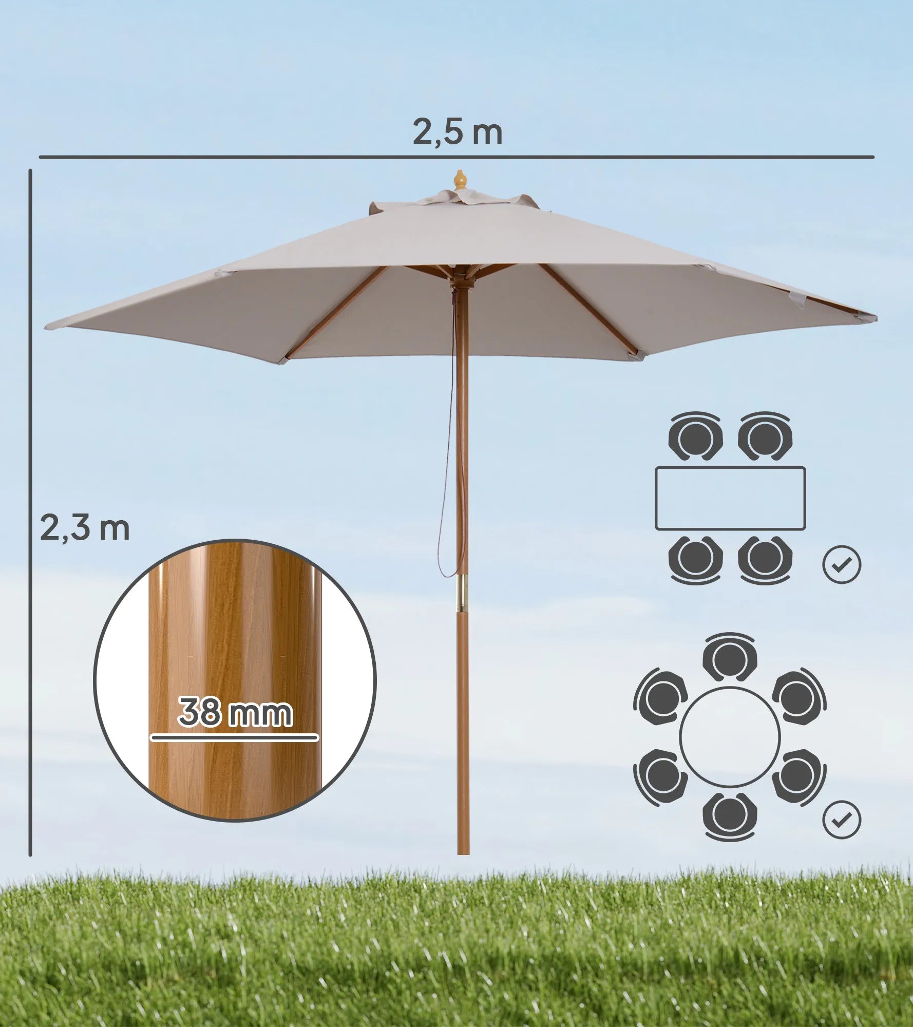 Skėtis nuo saulės Ø 250 cm, su virviniu mechanizmu, bambukiniu rėmu, pilkas