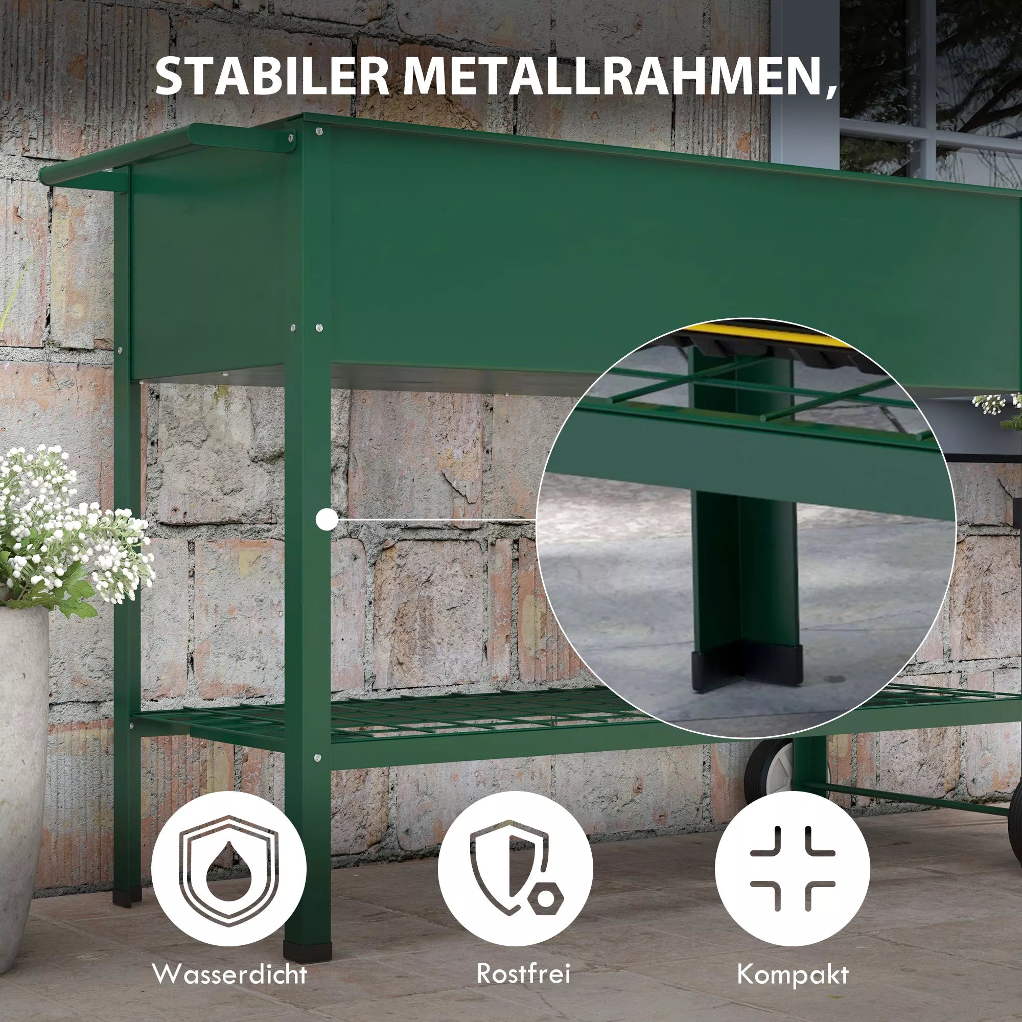 Mobili pakelta metalinė lysvė su ratukais ir lentyna, daržo sodinimo dėžė 109x44x80 cm žalia