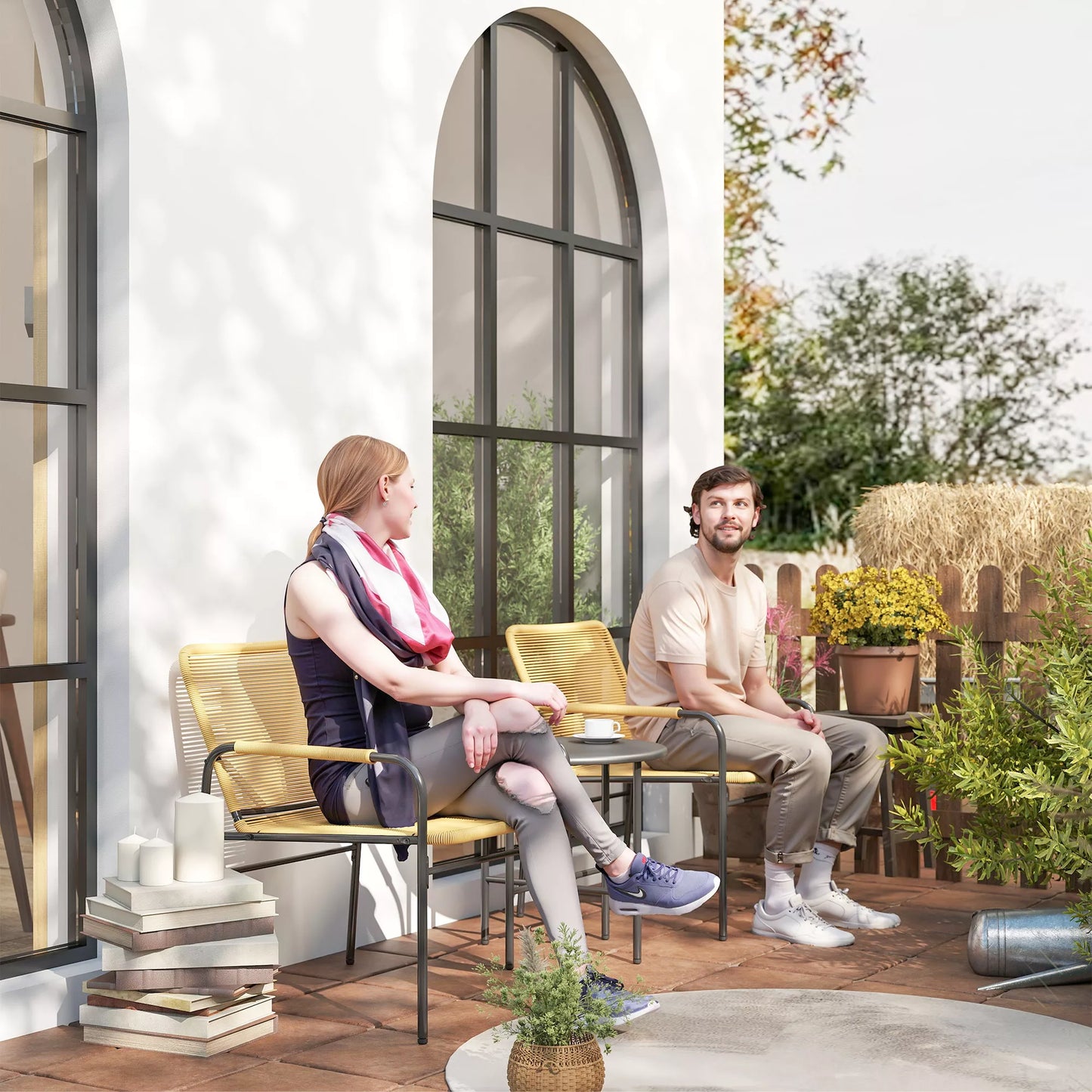 3 dalių rotango bistro komplektas, sėdimoji grupė, sodo baldų komplektas su 2 sodo kėdėmis, kavos staliukas 54 x 66 x 76 cm, geltonas