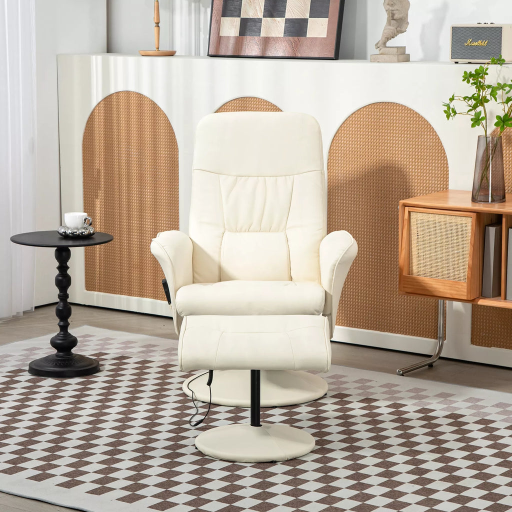 Atlojamas krėslas su pėdų atrama, Ergonominis krėslas su 10 vibracijos taškų, dirbtinė oda, 76 x 81 x 105 cm, kreminės baltos spalvos