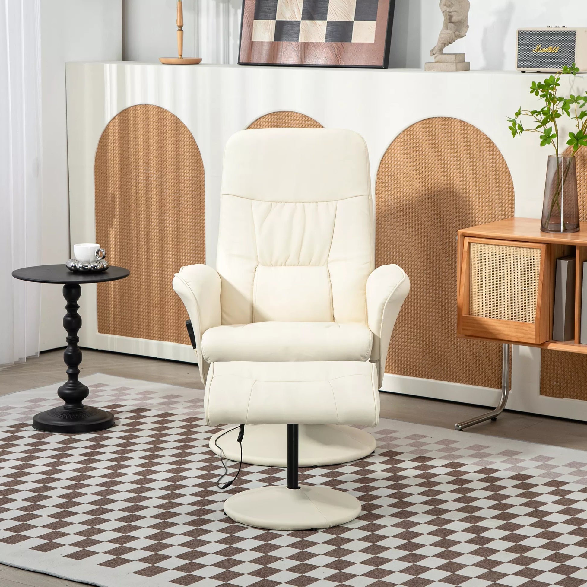 Atlojamas krėslas su pėdų atrama, Ergonominis krėslas su 10 vibracijos taškų, dirbtinė oda, 76 x 81 x 105 cm, kreminės baltos spalvos