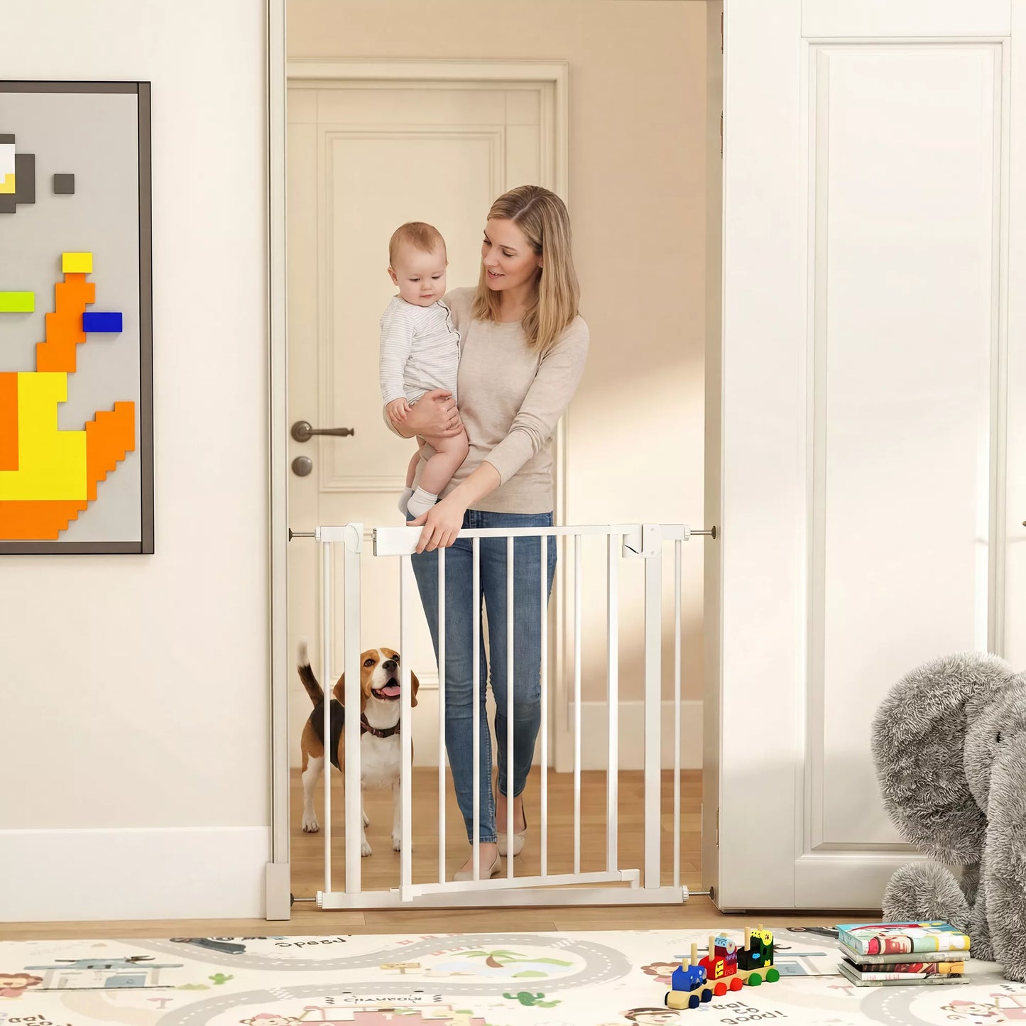 Apsauginiai varteliai, laiptų ir durų užtvaras be gręžimo su automatiniu uždarymu, plienas, 76-82x76 cm, balta