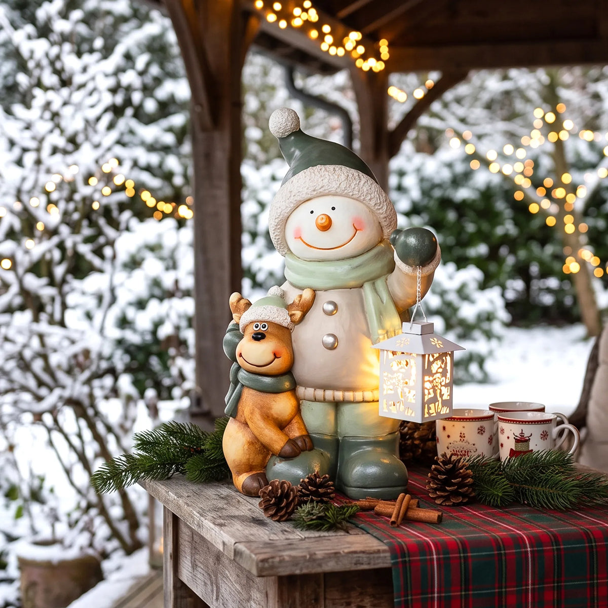 Lauko terasoje prie puodelių ir kankorėžių stovi sniego senio figūrėlė