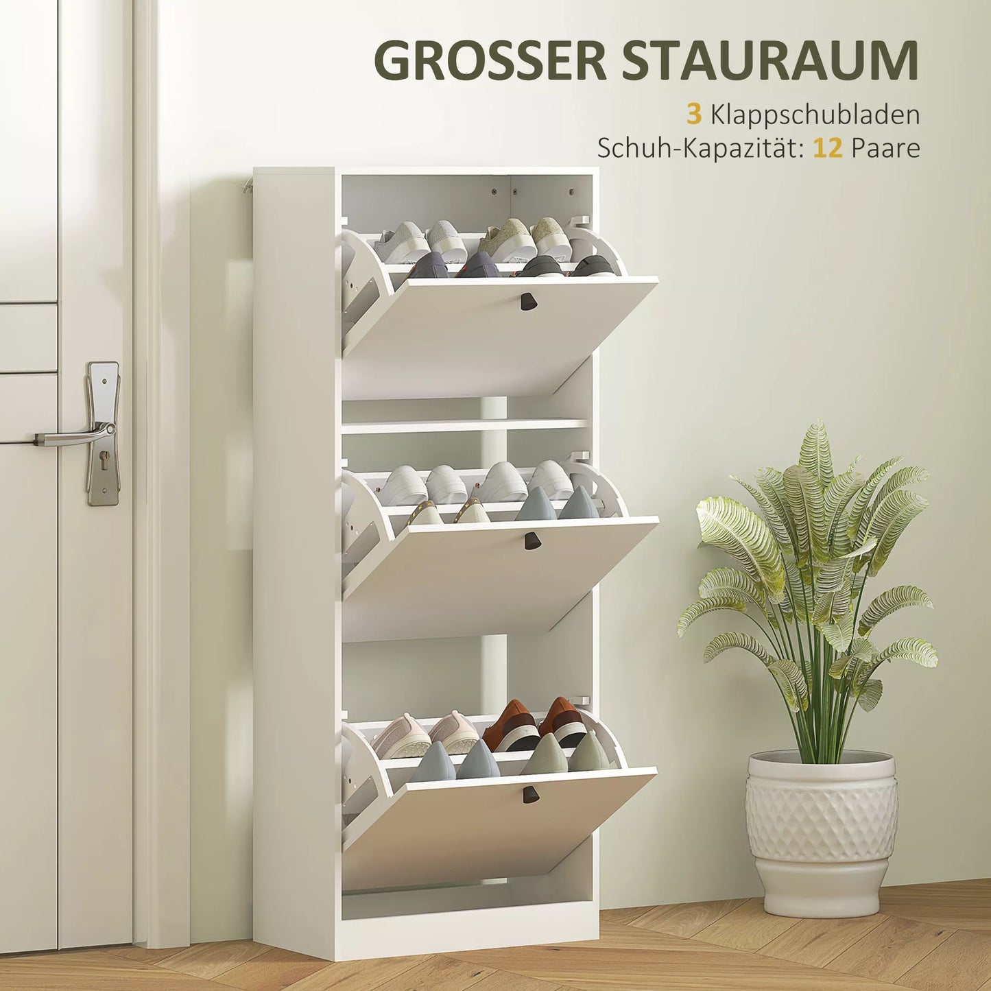 Batų spintelė, 3 stalčiai, talpa iki 12 porų batų, medžio drožlių plokštė, balta