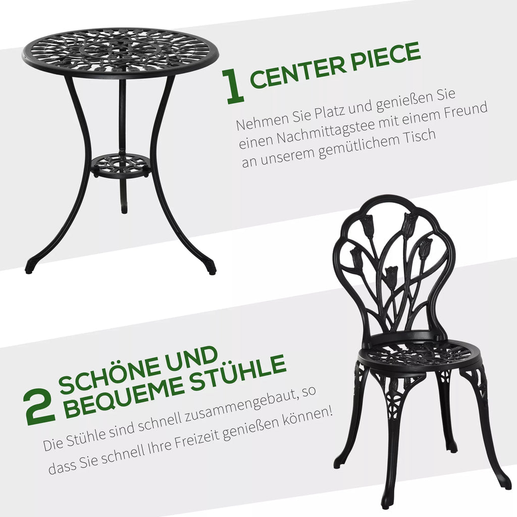 Sodo baldų komplektas 3 dalių aliuminis su skėčio anga juodas