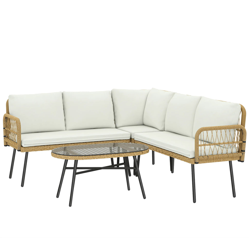Sodo baldų komplektas 4 dalių, kampinė sofa su stalu, kreminės spalvos
