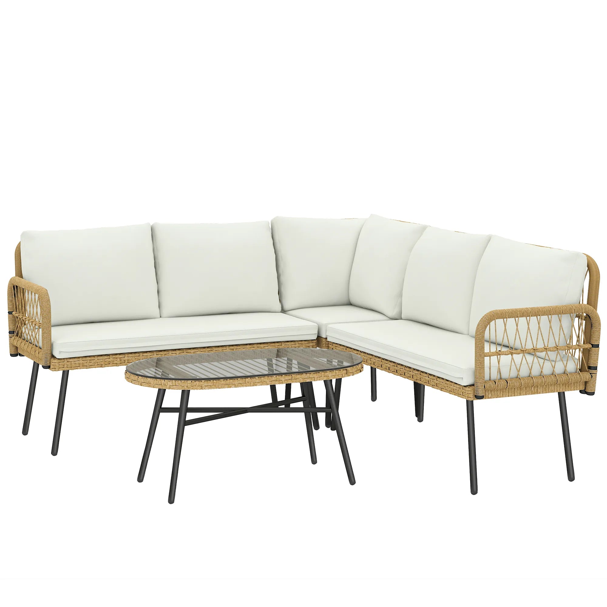Sodo baldų komplektas 4 dalių, kampinė sofa su stalu, kreminės spalvos