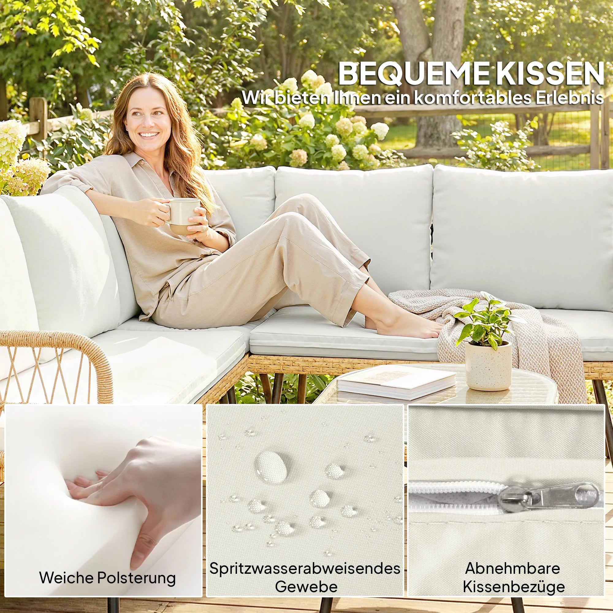 Sodo baldų komplektas 4 dalių, kampinė sofa su stalu, kreminės spalvos