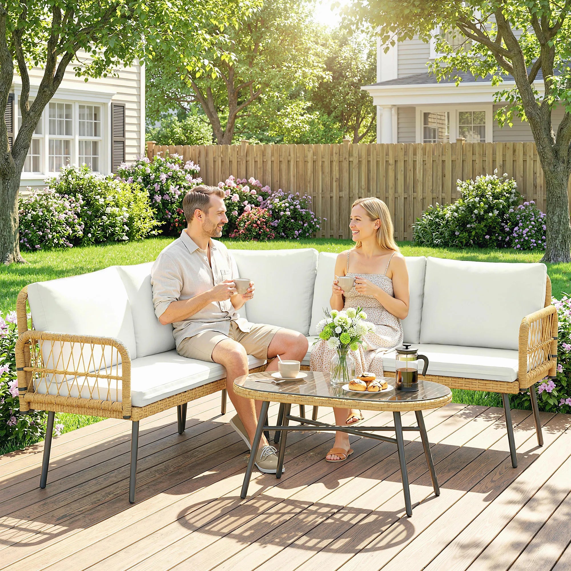 Sodo baldų komplektas 4 dalių, kampinė sofa su stalu, kreminės spalvos