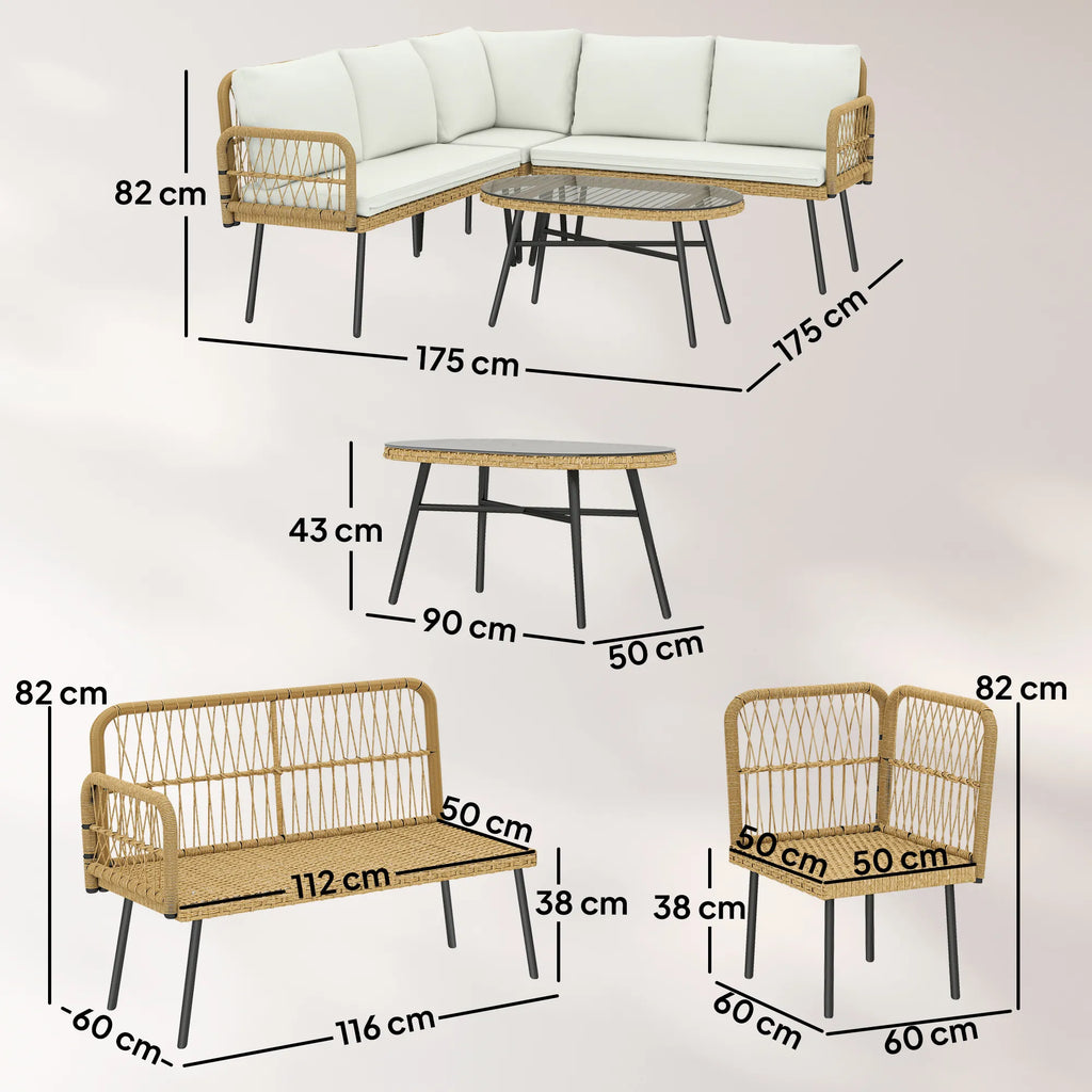 Sodo baldų komplektas 4 dalių, kampinė sofa su stalu, kreminės spalvos