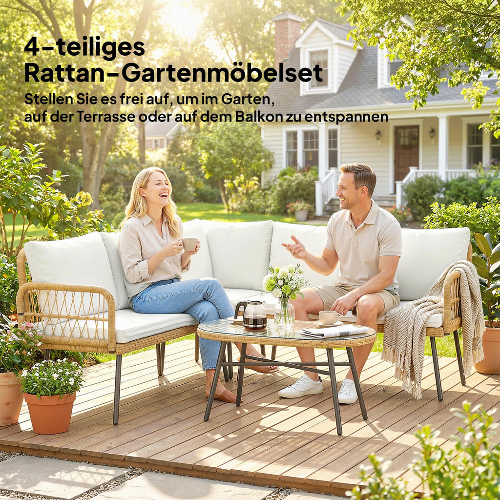 Sodo baldų komplektas 4 dalių, kampinė sofa su stalu, kreminės spalvos