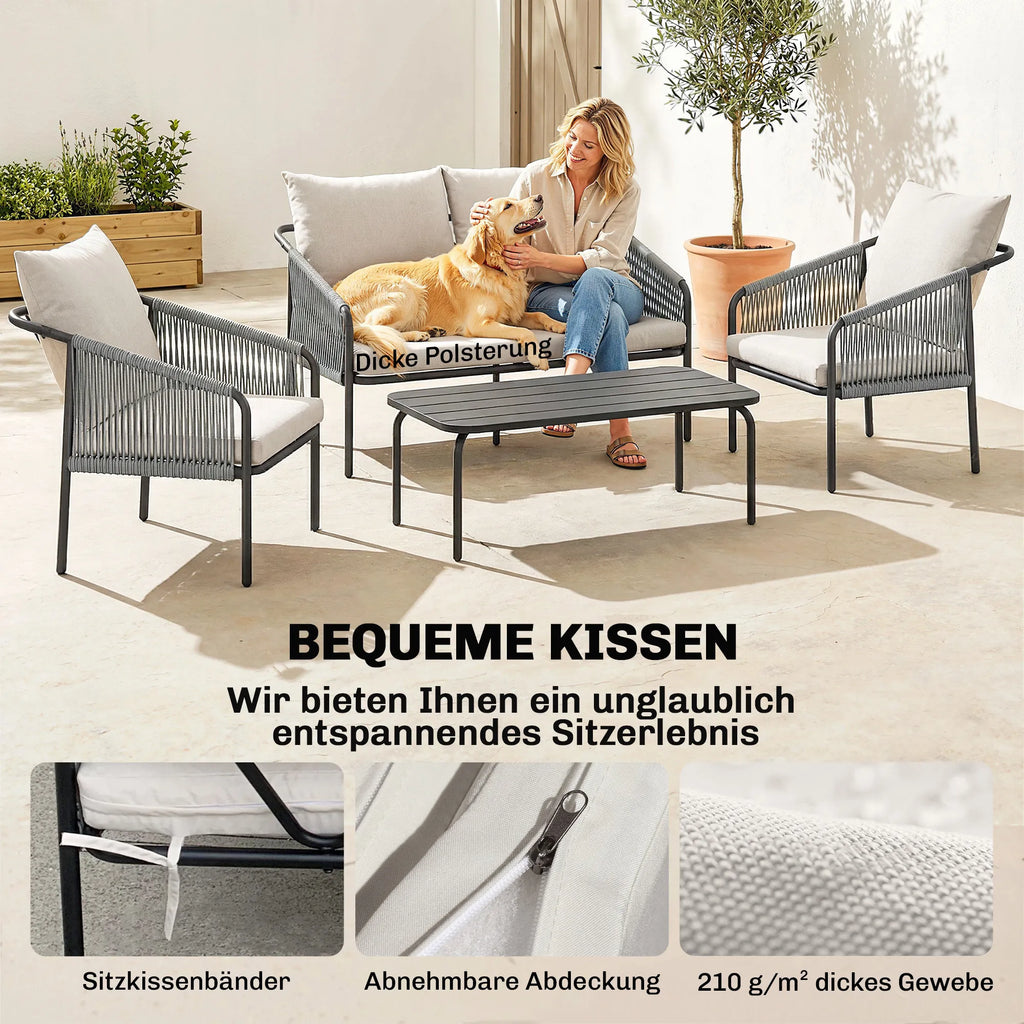 Sodo baldų komplektas 4 dalių, polirangano lounge stiliaus su dviviete sofa, 2 kėdėmis ir stalu