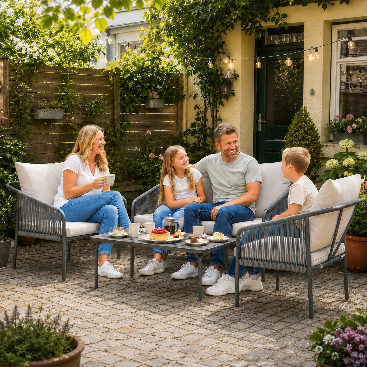 Sodo baldų komplektas 4 dalių, polirangano lounge stiliaus su dviviete sofa, 2 kėdėmis ir stalu