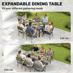 Ištraukiamas sodo stalas su svečiais: kompaktinis ir pilnai išskleistas variantas