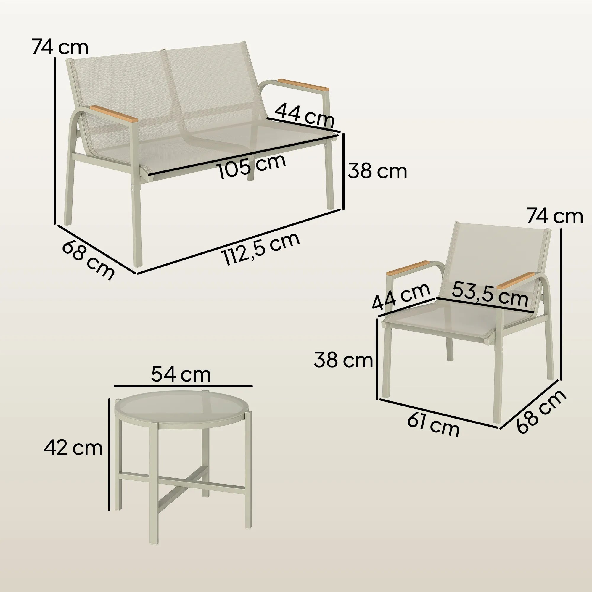 Matmenų schema: suoliuko plotis 112,5 cm, krėslas 61x68 cm, staliukas 54 cm skersmens