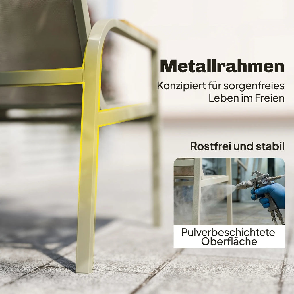 Metalinio rėmo kojos stambiu planu ir miltelinio dažymo intarpas; užrašai vokiečių kalba