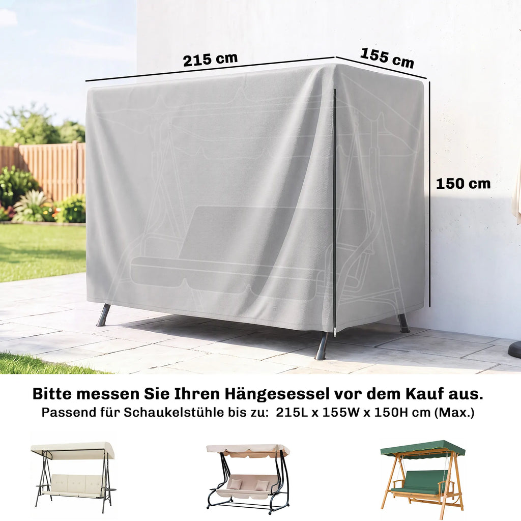 Schema su matmenimis 215x155x150 cm ir trimis skirtingų sūpynių pavyzdžiais apačioje