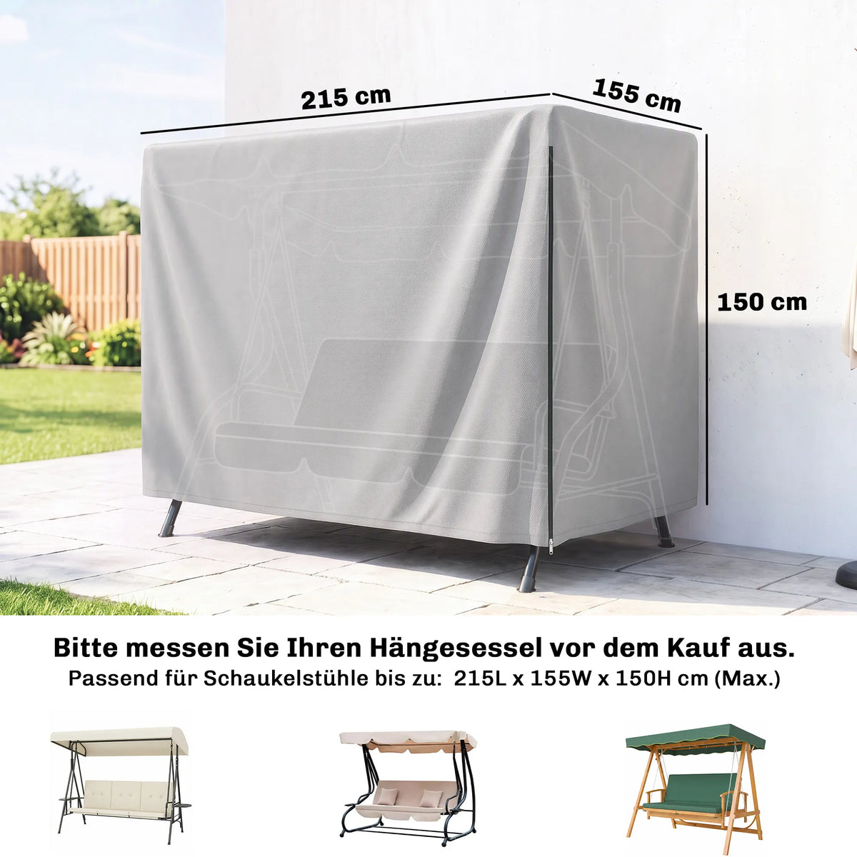 Schema su matmenimis 215x155x150 cm ir trimis skirtingų sūpynių pavyzdžiais apačioje