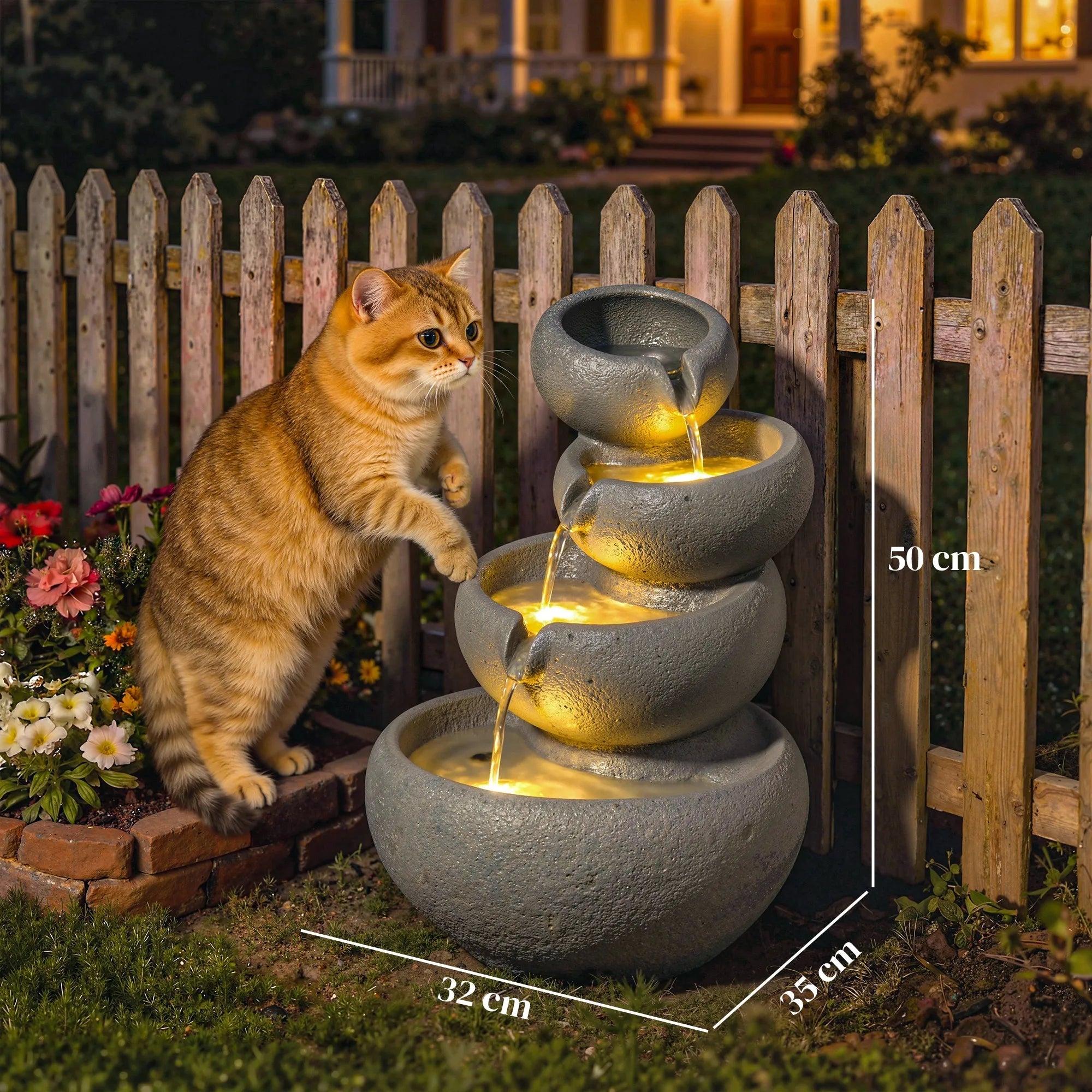 Sodo fontanas iš dervos 4 pakopų su LED apšvietimu 35x32x50 cm