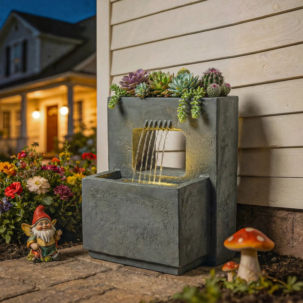 Sodo fontanas su vazonu 45 x 31,5 x 58,5 cm, dviejų lygių, su LED apšvietimu, tamsiai pilkas