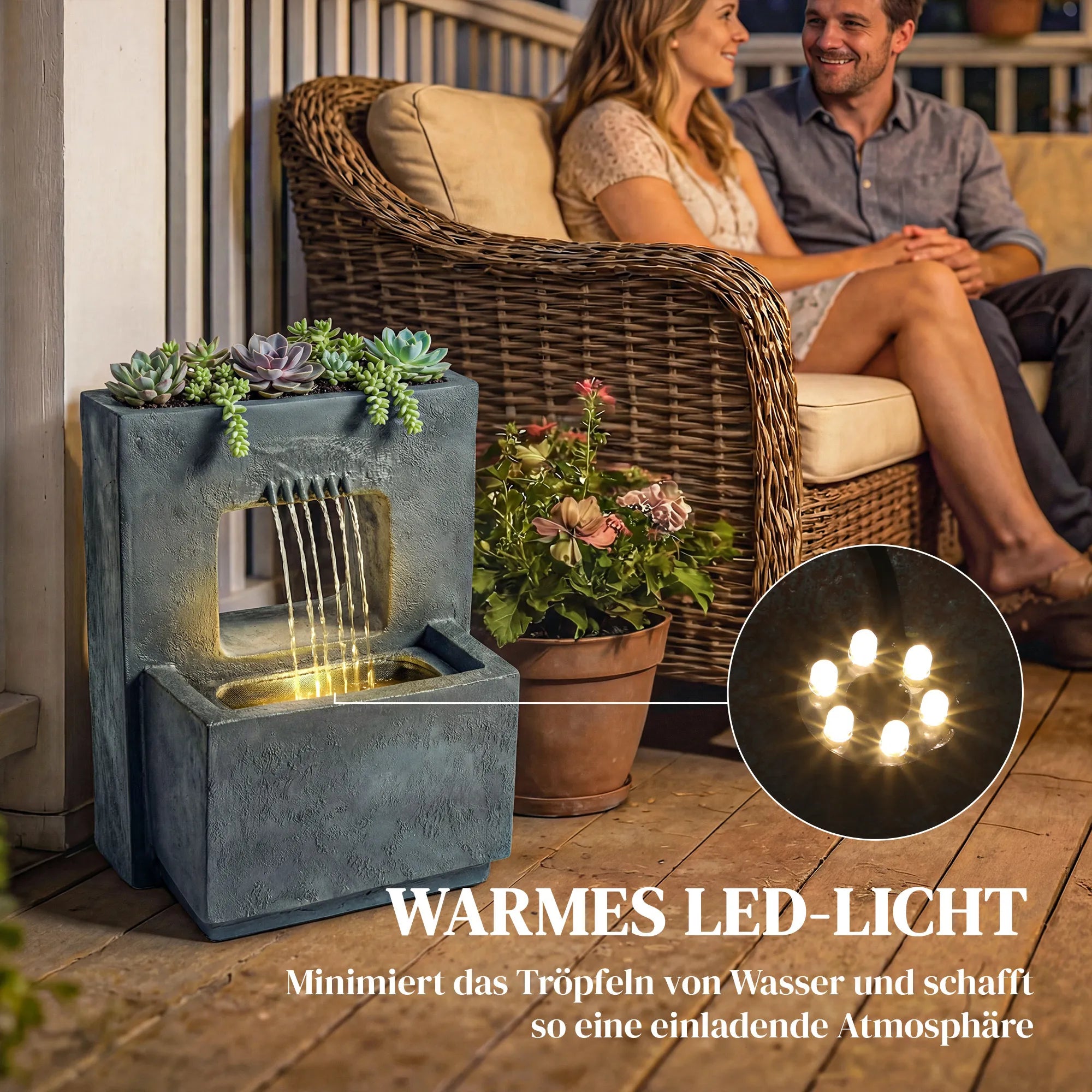 Sodo fontanas su vazonu 45 x 31,5 x 58,5 cm, dviejų lygių, su LED apšvietimu, tamsiai pilkas