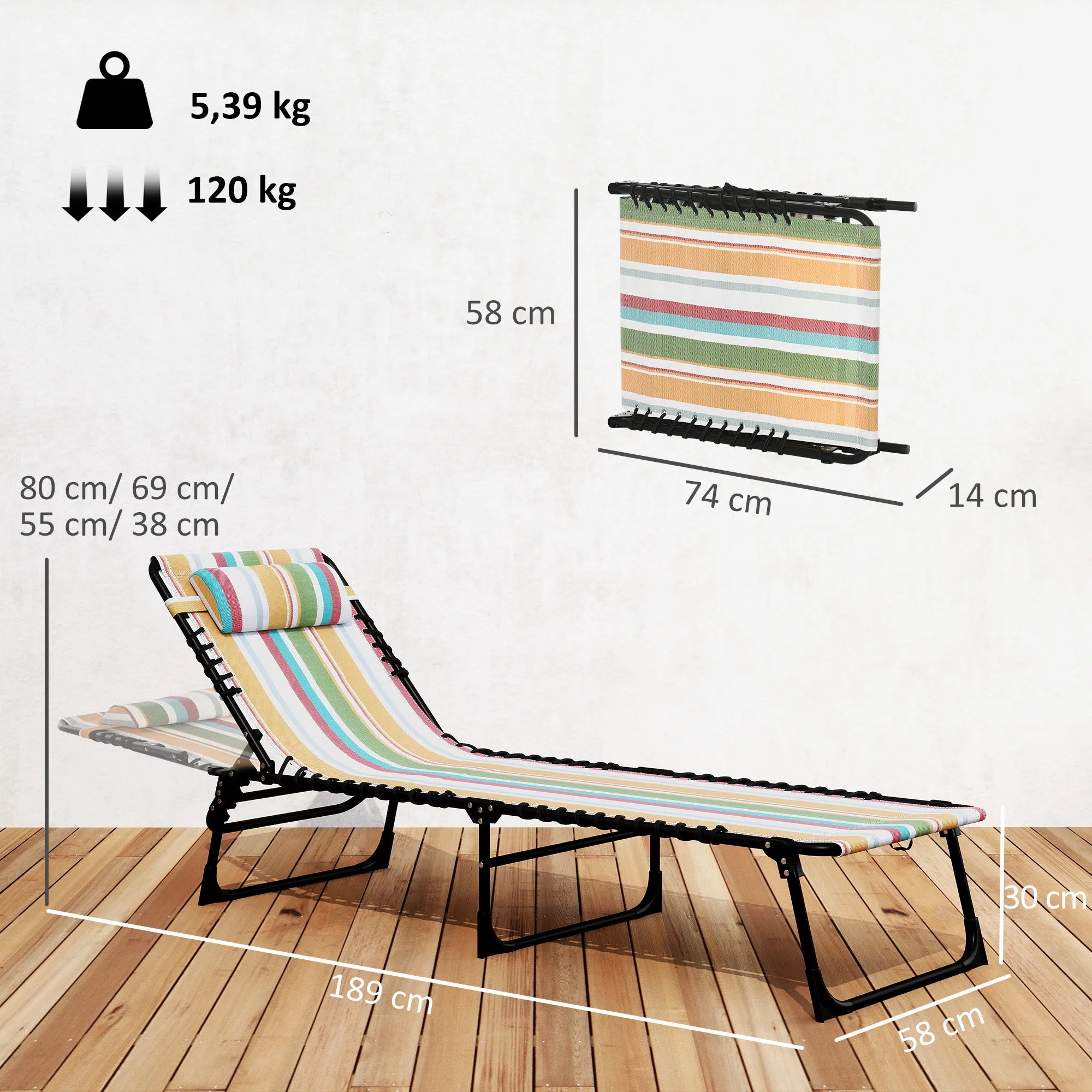 Sodo gultas sulankstomas su 4 padėčių atlošu 189x58x30 cm, spalvotas
