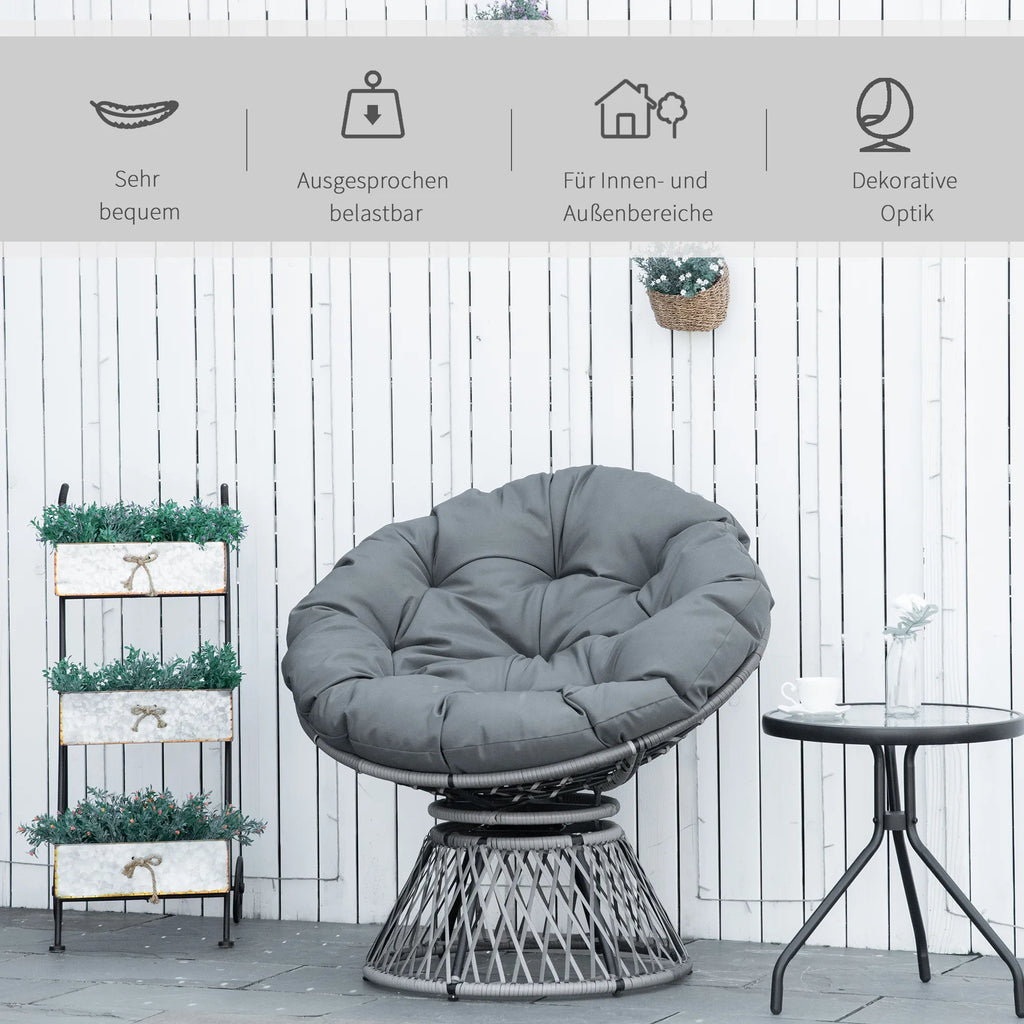 Sodo kėdė su pagalvėle, besisukanti 360°, pilka