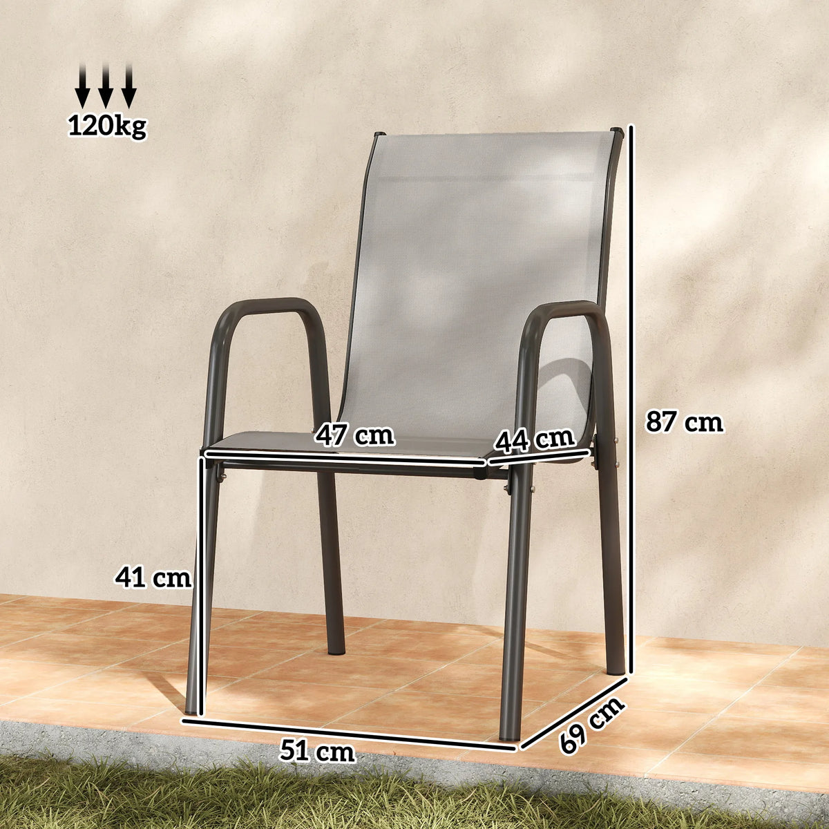 Kėdės matmenų schema: 120 kg apkrova, aukštis 87 cm, plotis 47 cm