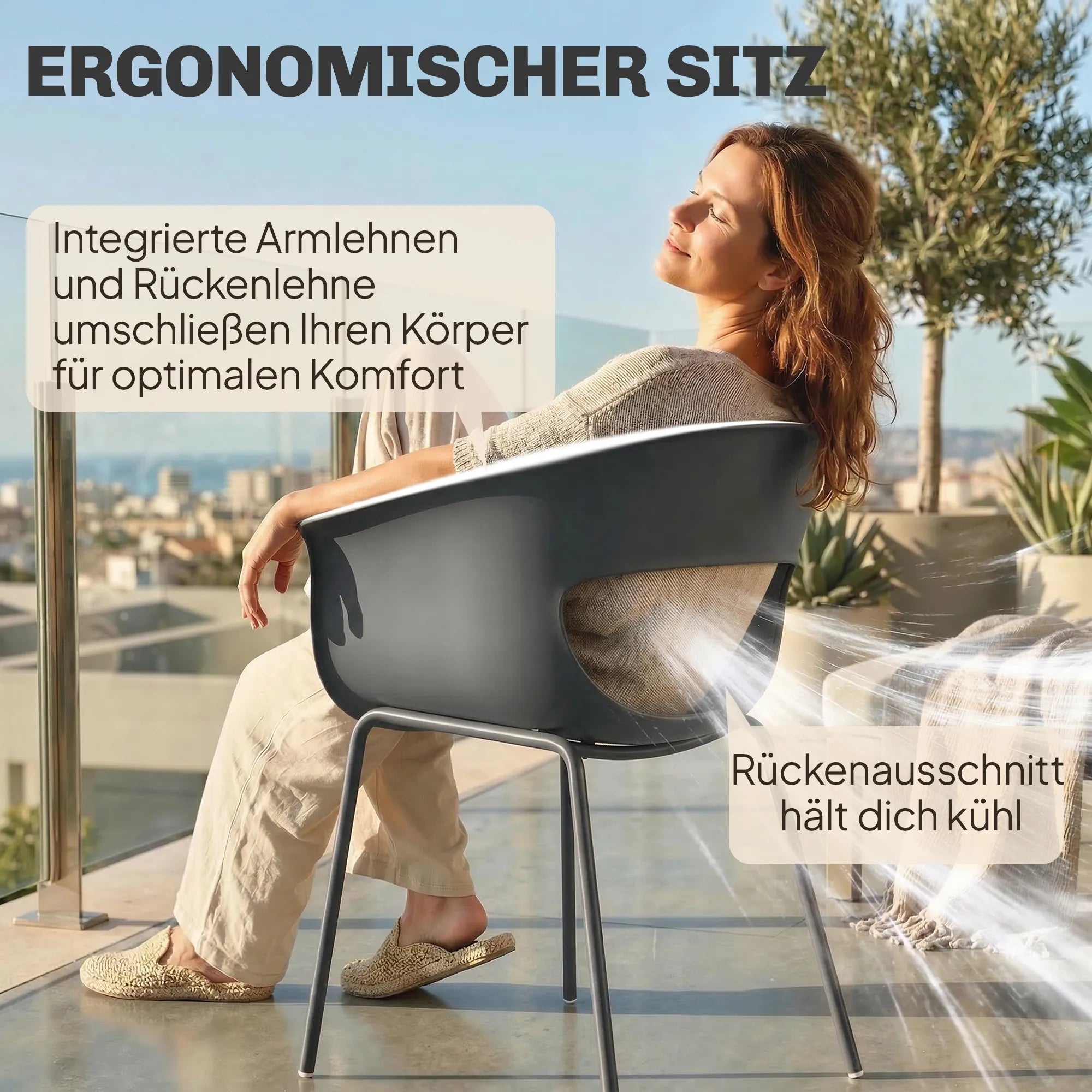 Sodo kėdės, 4 vnt., ergonomiškos, iki 120 kg, tamsiai pilkos