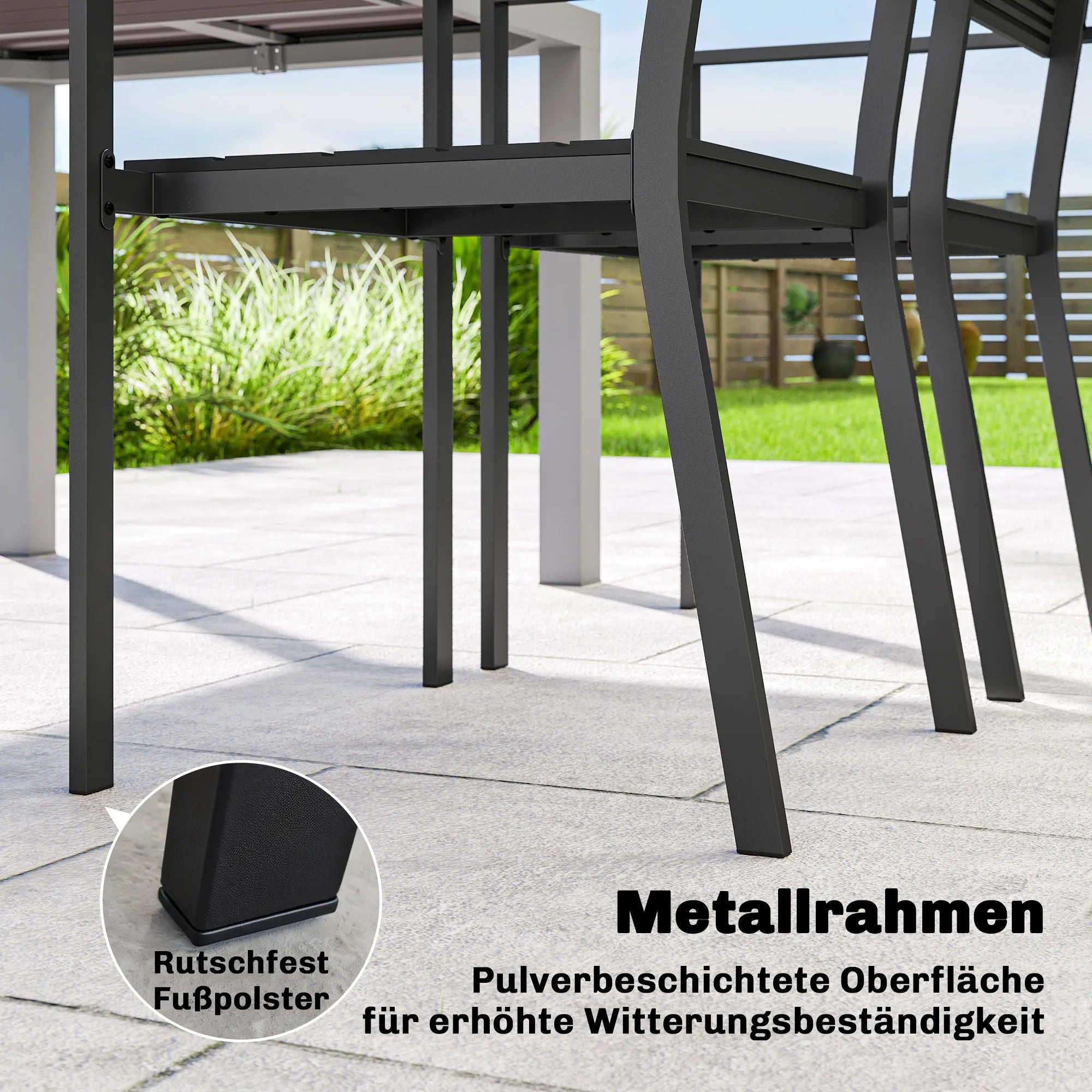 Sodo kėdės 4 vnt. metalinės su HDPE lentelėmis juodos