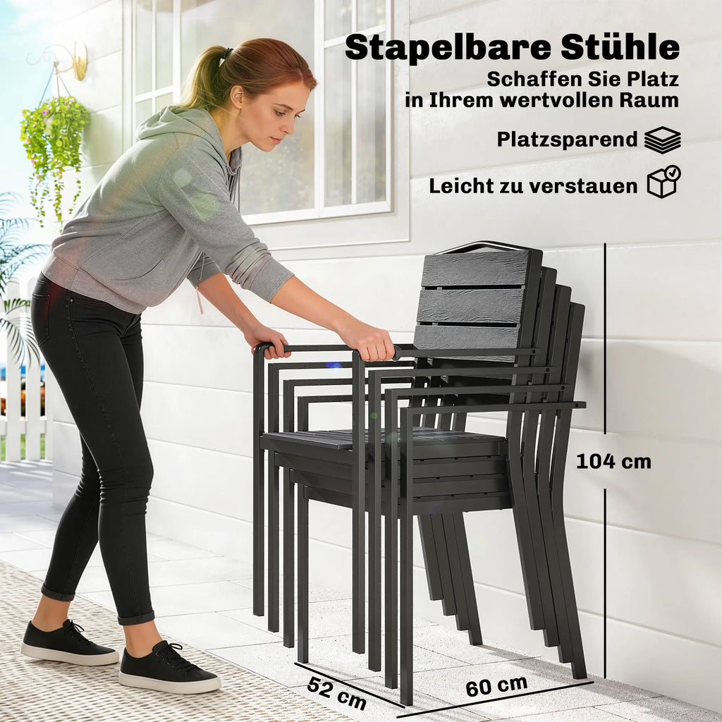 Sodo kėdės 4 vnt. metalinės su HDPE lentelėmis juodos