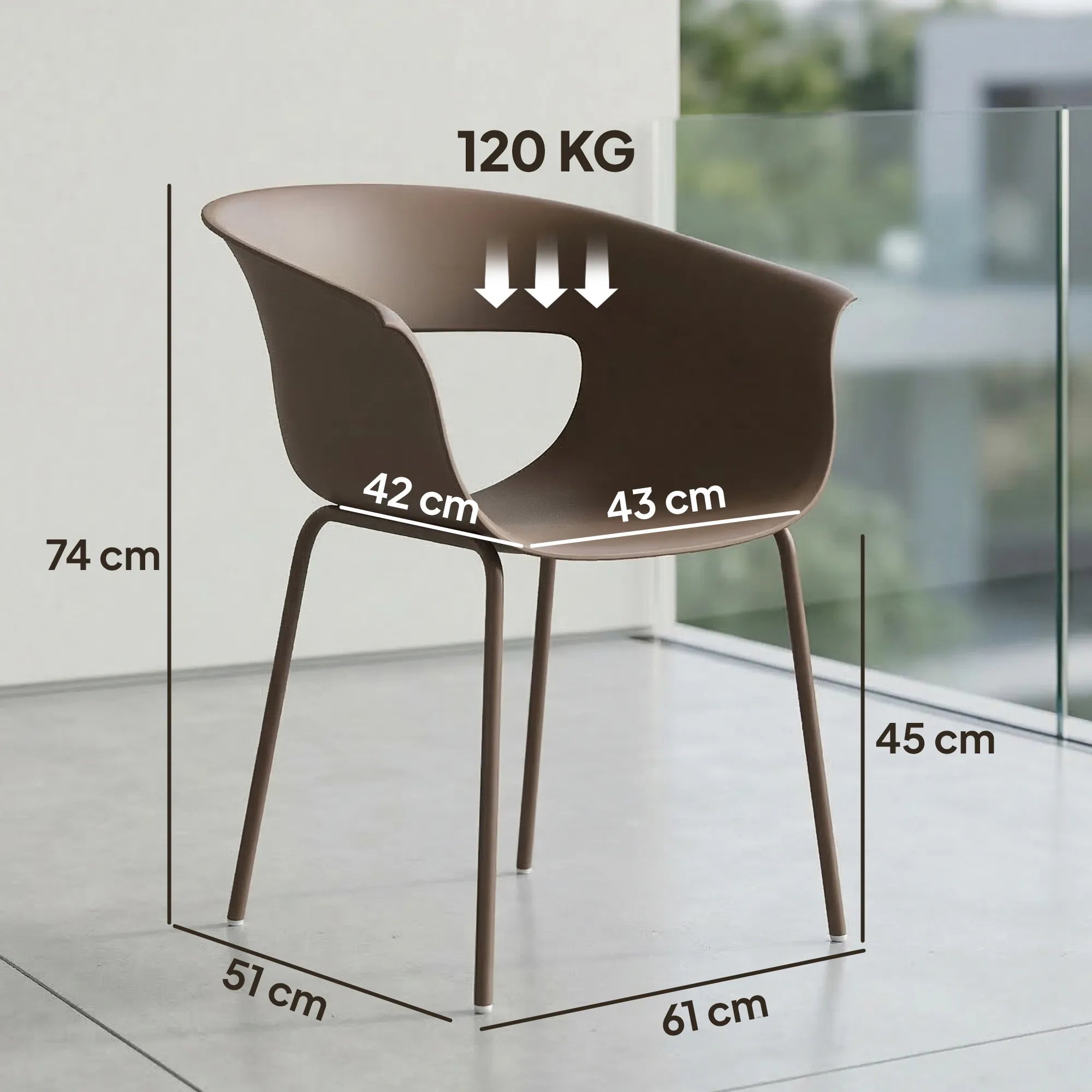 Matmenų schema: kėdės aukštis 74 cm, sėdynė 45 cm, plotis 61 cm, atlaiko 120 kg