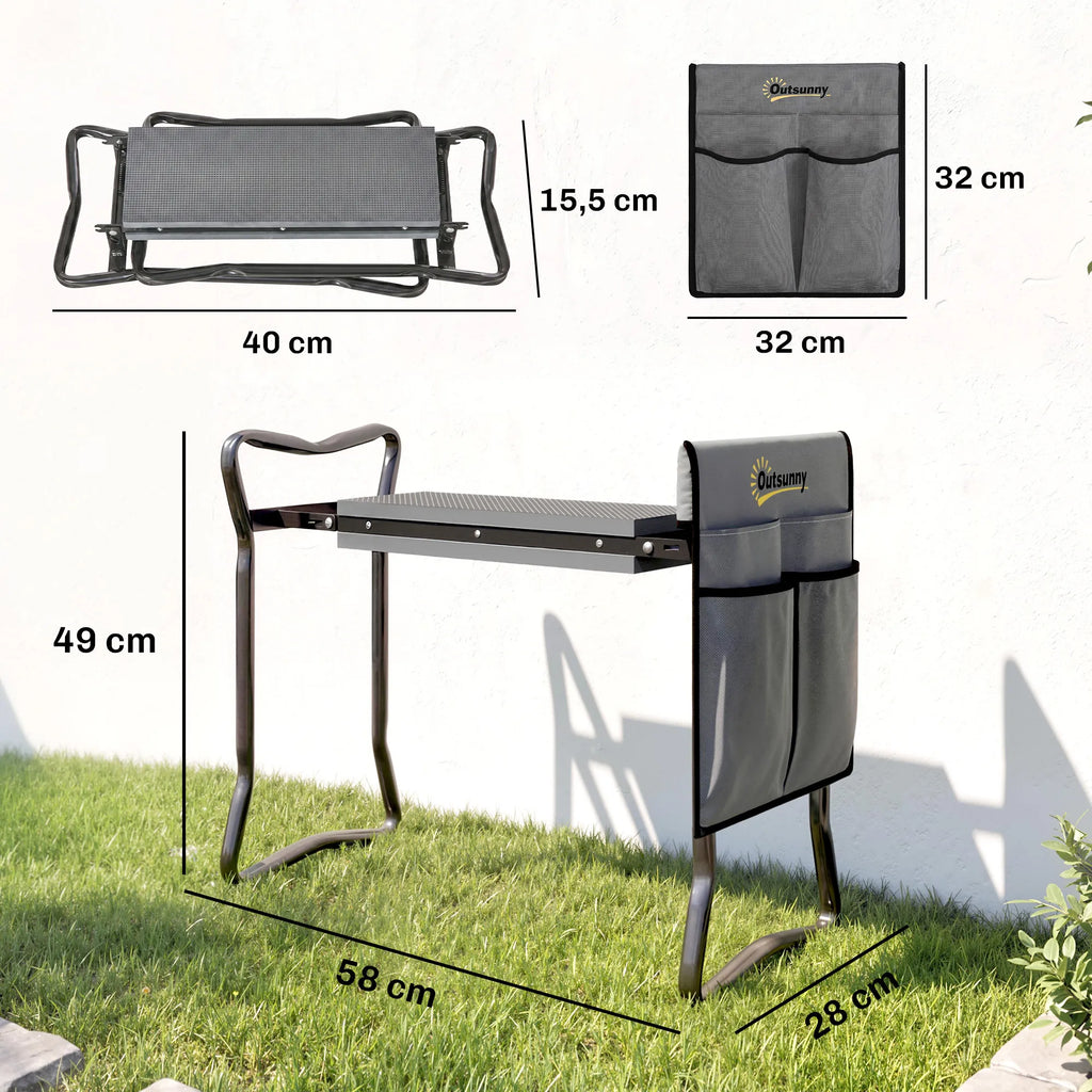 Sodo kėdutė-klauptas sulankstoma su krepšiu įrankiams iki 150 kg, pilka