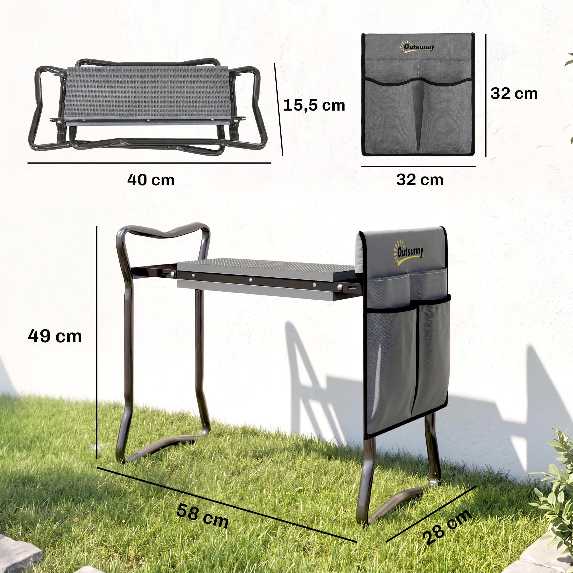 Sodo kėdutė-klauptas sulankstoma su krepšiu įrankiams iki 150 kg, pilka