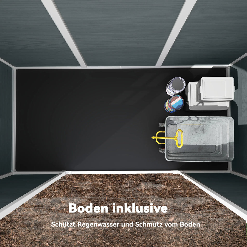 Sodo namelis 2,77 m², įrankių sandėliukas su medienos imitacija, 2 langai, dvigubos durys, pilkas