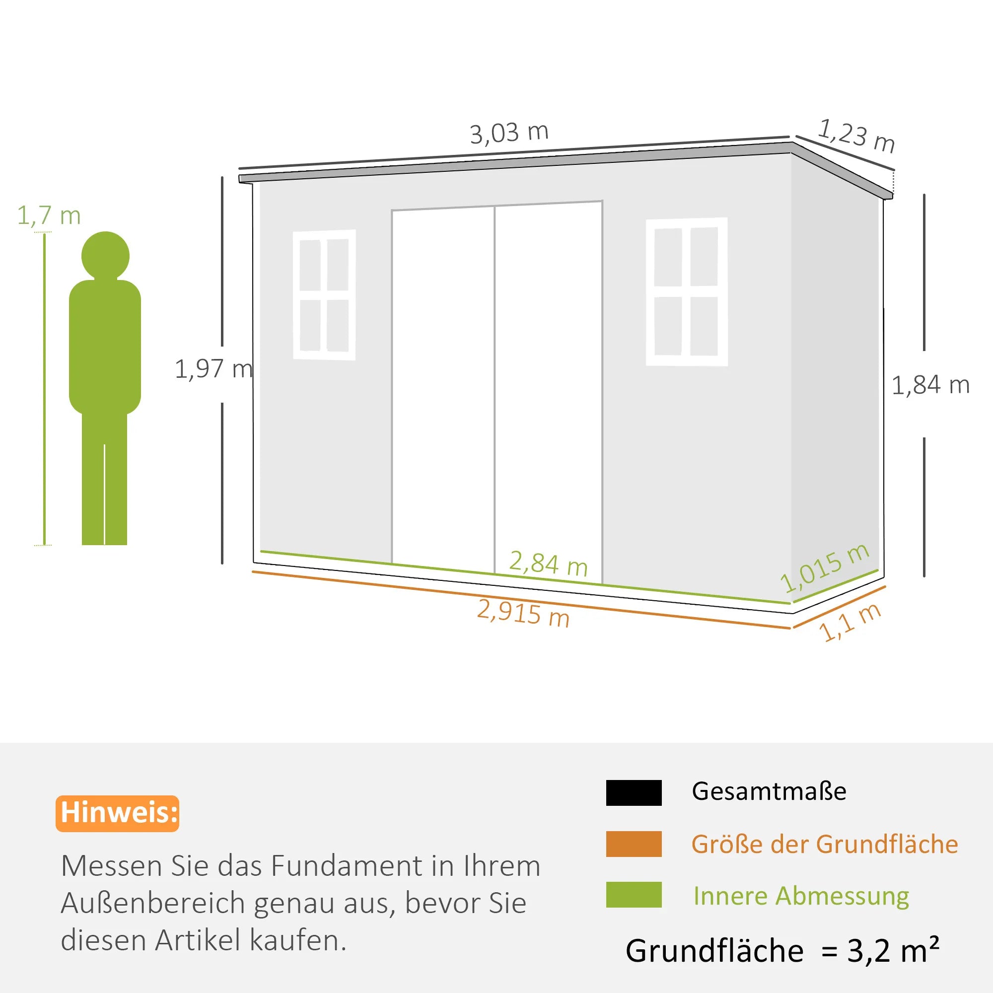 Sodo namelis 3,2 m², sandėliukas įrankiams su vienšlaičiu stogu, 303x123x197 cm, pilkas