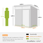 Sandėliuko matmenų schema metrais: 1,95x1,22 m, aukštis 1,82 m