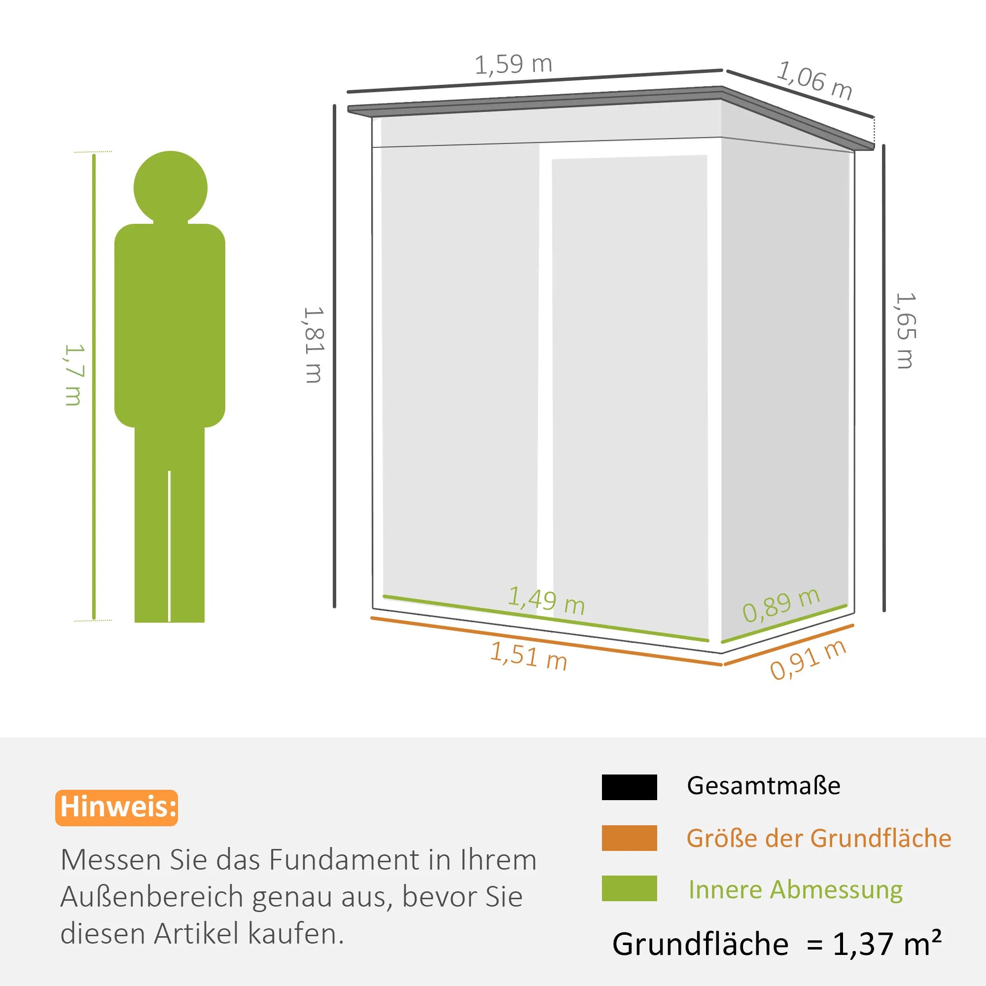 Sodo namelio matmenų schema, palyginta su 1,7 m žmogaus ūgiu