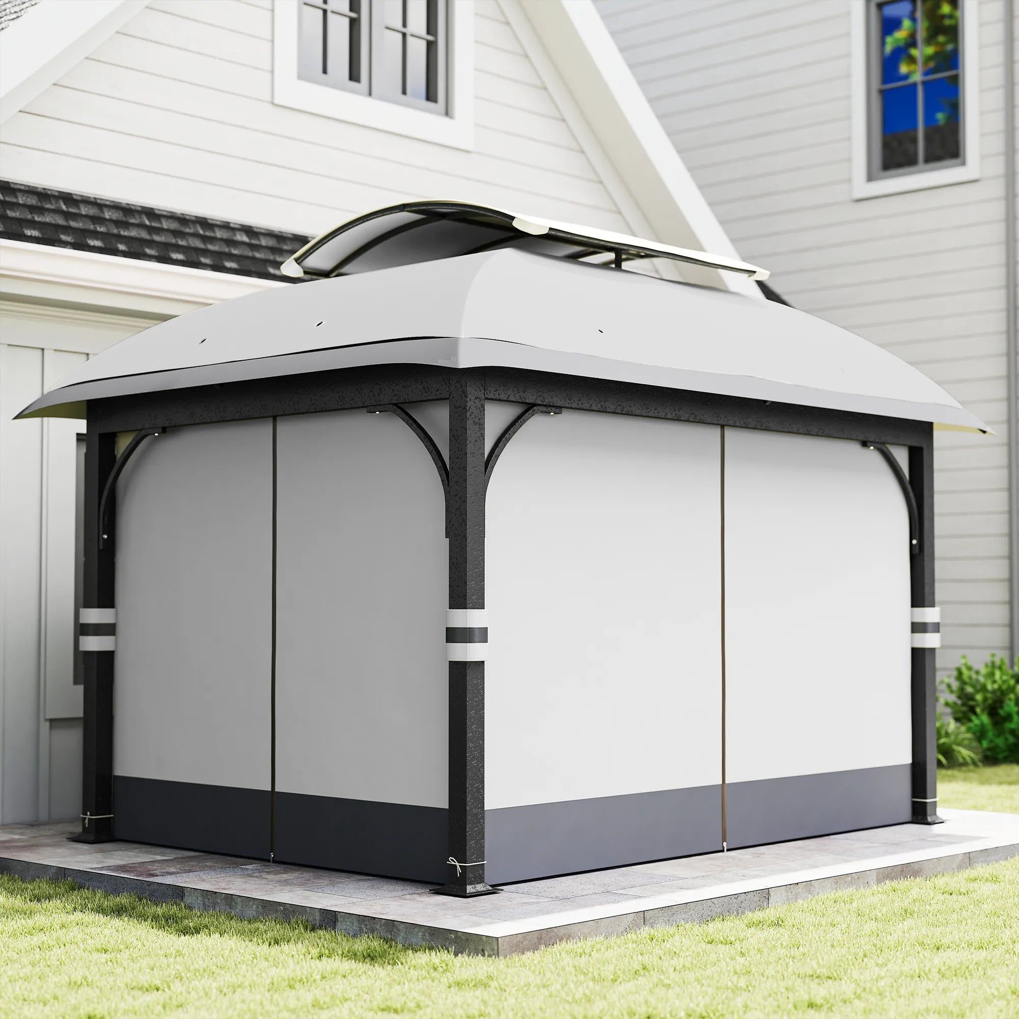 Sodo paviljonas, 3,3 x 4 m sodo palapinė su tinklinėmis užuolaidomis, dviejų pakopų stogas, dirbtinės odos apmušalas, metalinis rėmas, šviesiai pilkos spalvos