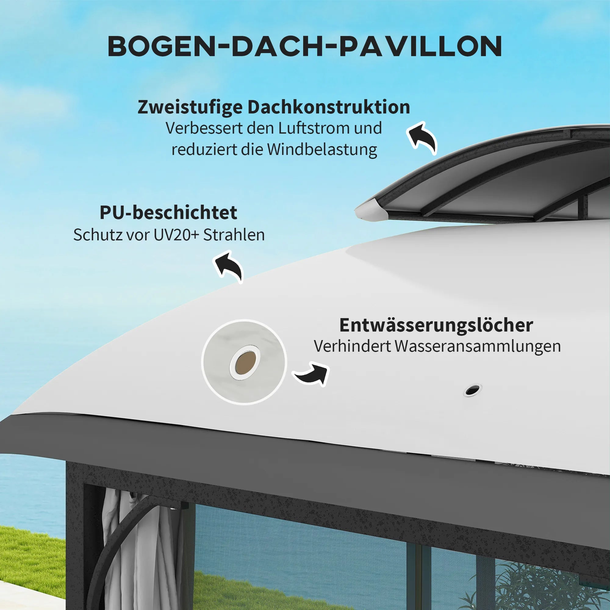Sodo paviljonas, 3,3 x 4 m sodo palapinė su tinklinėmis užuolaidomis, dviejų pakopų stogas, dirbtinės odos apmušalas, metalinis rėmas, šviesiai pilkos spalvos