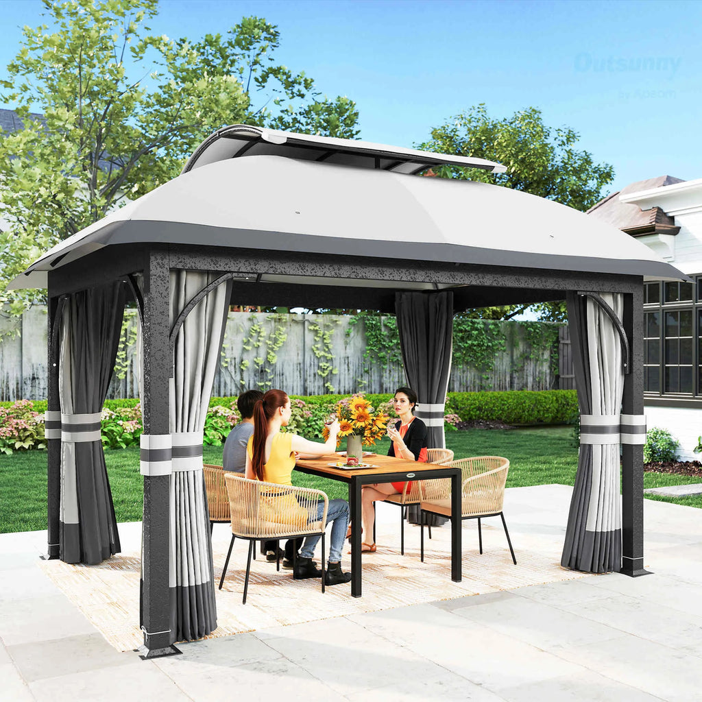 Sodo paviljonas, 3,3 x 4 m sodo palapinė su tinklinėmis užuolaidomis, dviejų pakopų stogas, dirbtinės odos apmušalas, metalinis rėmas, šviesiai pilkos spalvos
