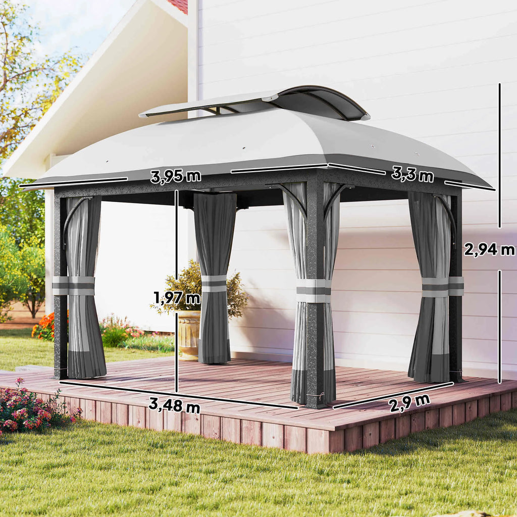 Sodo paviljonas, 3,3 x 4 m sodo palapinė su tinklinėmis užuolaidomis, dviejų pakopų stogas, dirbtinės odos apmušalas, metalinis rėmas, šviesiai pilkos spalvos