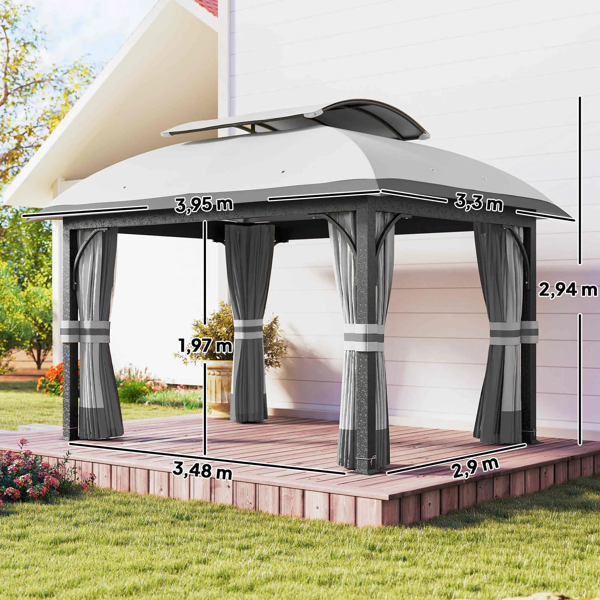 Sodo paviljonas, 3,3 x 4 m sodo palapinė su tinklinėmis užuolaidomis, dviejų pakopų stogas, dirbtinės odos apmušalas, metalinis rėmas, šviesiai pilkos spalvos