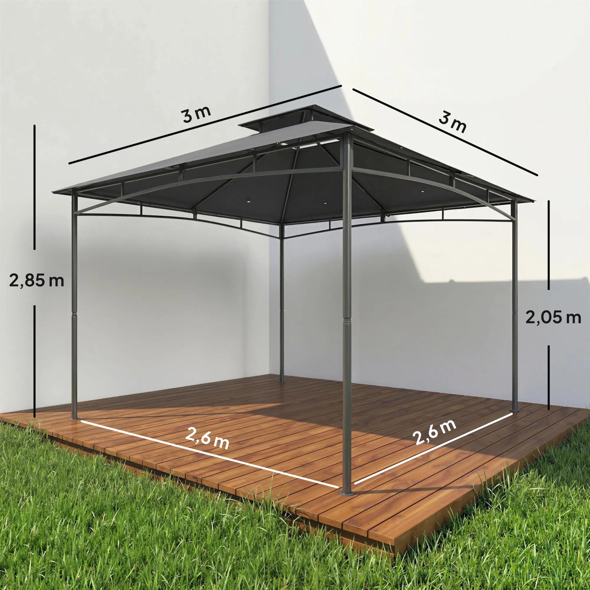 Sodo paviljonas 3x3 m metalinis su dvigubu stogu tamsiai pilkas