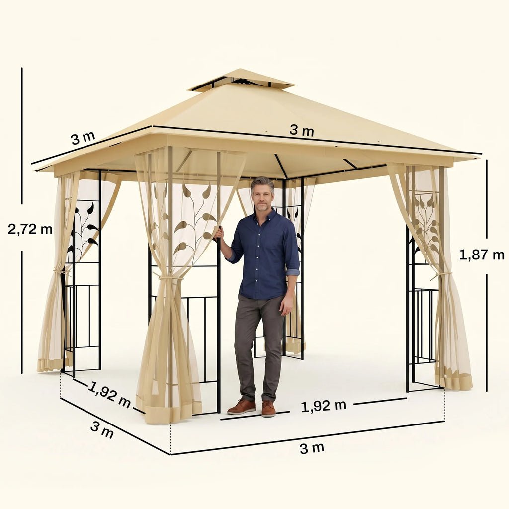 Sodo paviljonas 3x3 m, su dvigubu stogu, sienelėmis, smėlio spalvos